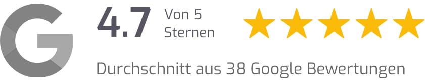 4,7 von 5 Sternen, 38 Google-Bewertungen, fünf gelbe Sterne, graues G.