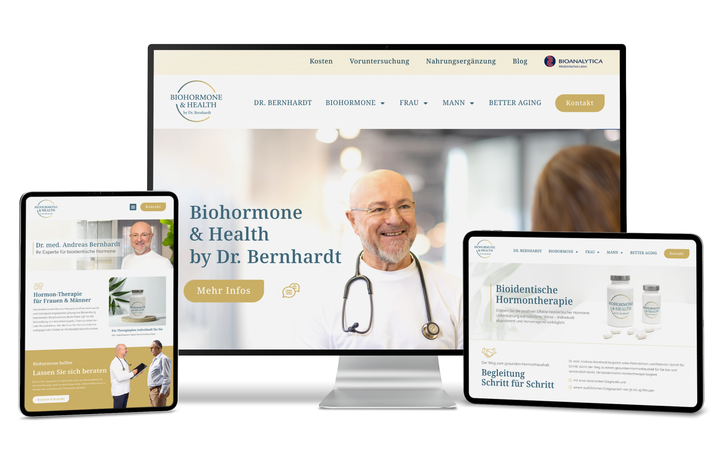 Website mit Dr. Bernhardt, dargestellt auf Telefon, Monitor und Tablet; Rubriken: Biohormone, Gesundheit, Hormontherapie.